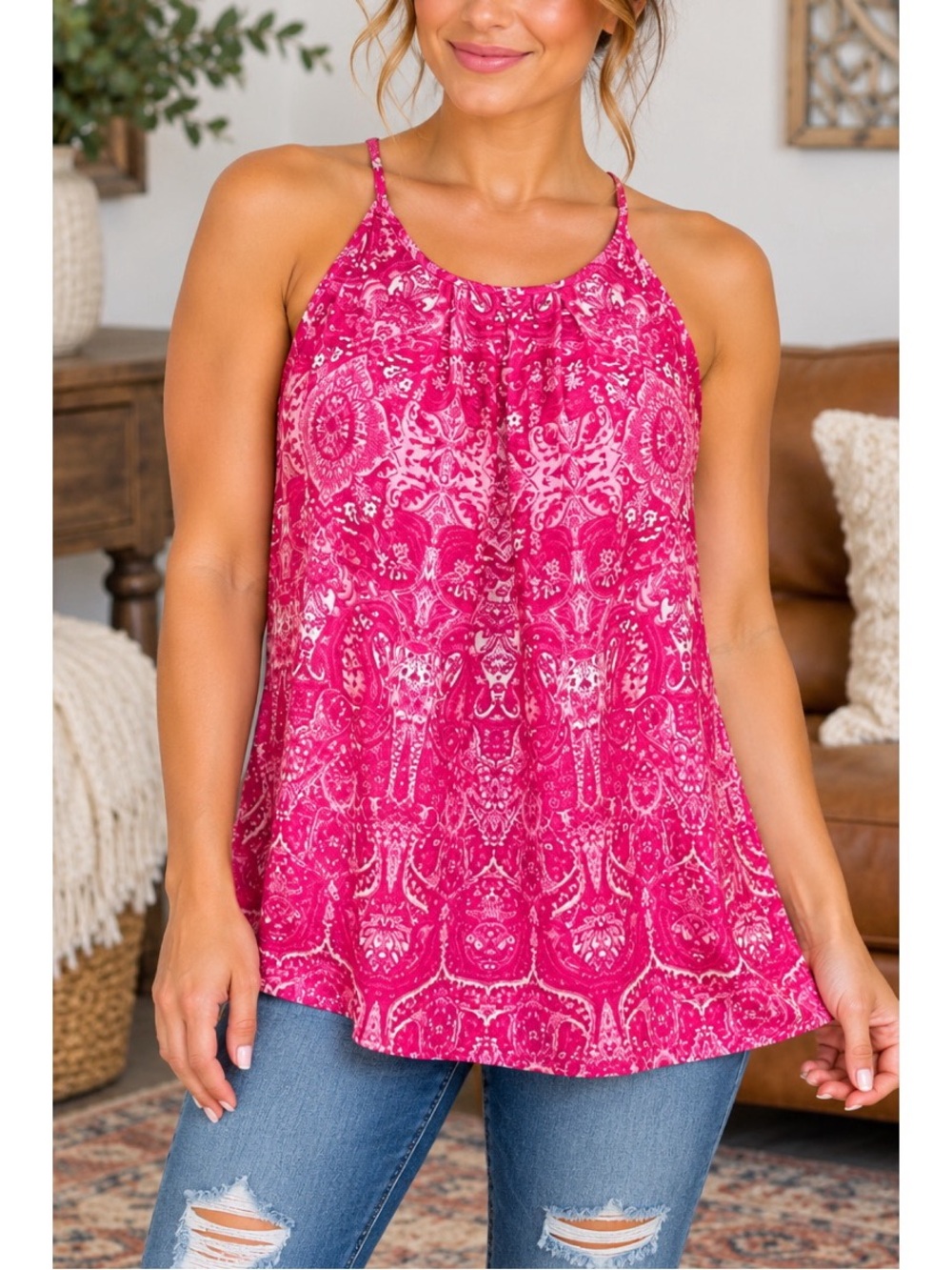 Violet + Claire Pink Paisley Racerback Tank Top- Medium